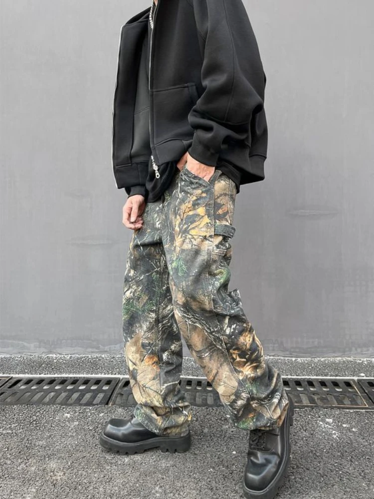 

American tree patterned camouflage jeans for men ins loose Harajuku straight tube printed trendy men and women hip-hop pants