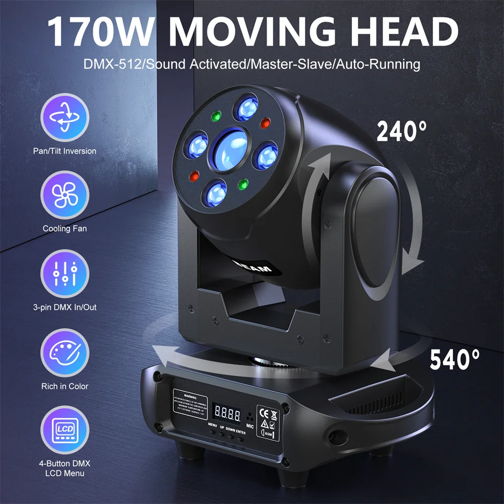 170W LED Moving Head Light DJ Stage  Prism Beam Stage Light SDMX 512 18/35CH Super Bright Sound for Wedding Church Party KTV