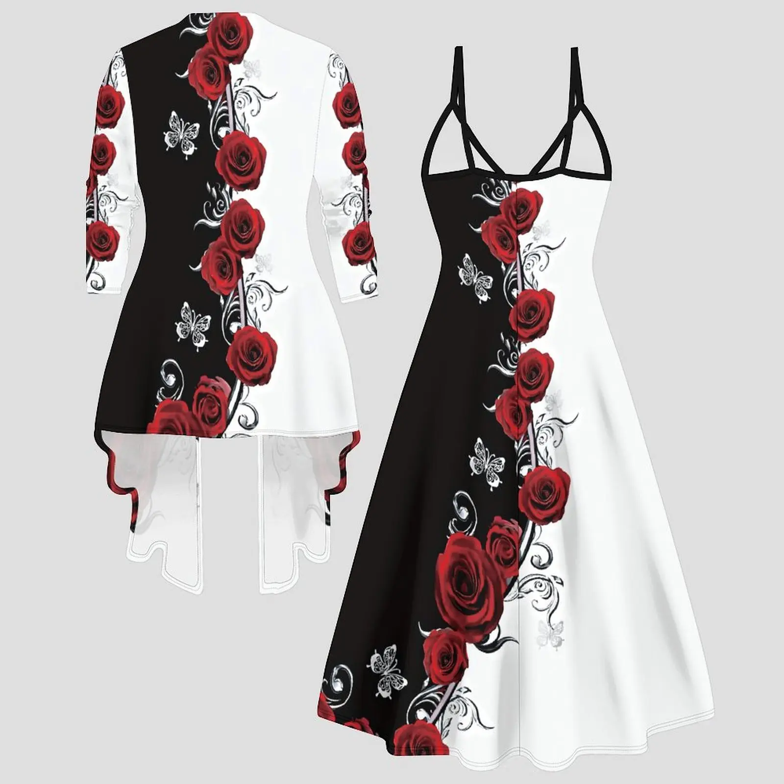 Print Two Piece Set Women Midi Dress 3/4 Sleeve Cardigan Daily Slip Dress Vacation Matching Outfit Irregular Hemline Coat