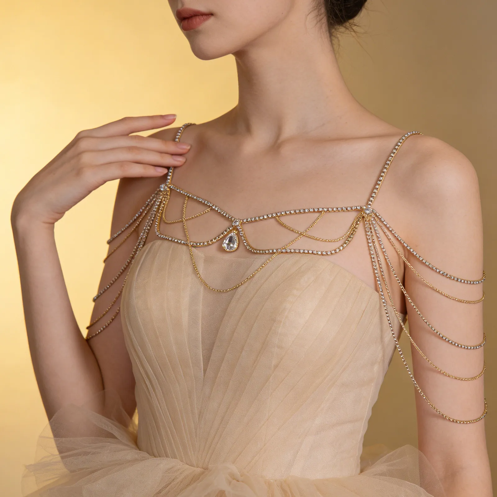 Sparkling Rhinestone Shoulder Necklace for Women Multi-Layered Body Chain Jewelry Bridal Accessories Party Prom Golden Finish