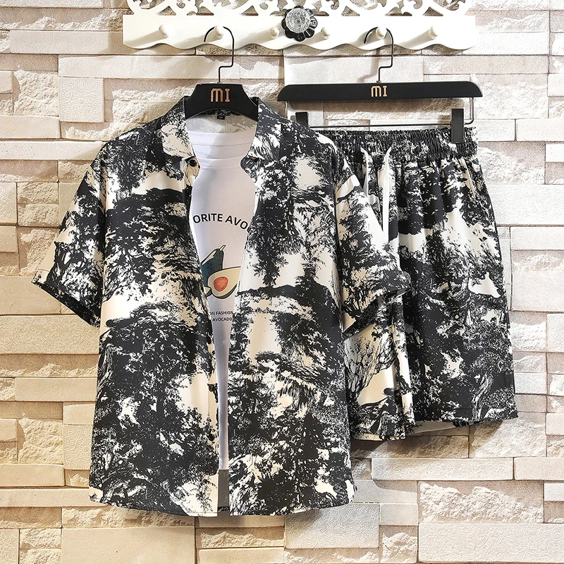 New Fashion Summer Loose Short Sets Men Casual Printed Ice Silk Suits For Men Chinese Style Suit Sets Shirts +Shorts 5XL