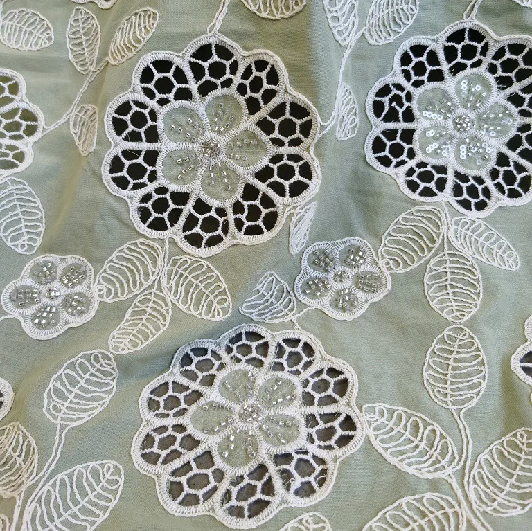 

High-end beaded and tube embroidery 100% cotton laser embroidered lace fabric for garment making decor fabric