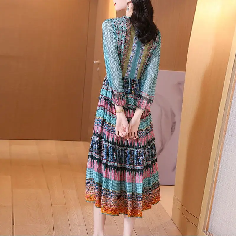 Women Silk Vintage Print Boho Lace Up Elegant Party Long Dresses Trendy High Waist Long Sleeve Holiday Beach Dress Vestidos Ropa