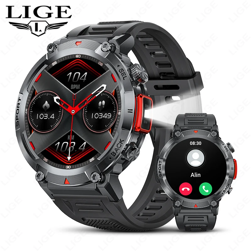 LIGE Flashlight Smartwatch For Men Outdoors Sport IP68 Waterproof Watch Blood Pressure Monitoring Bluetooth Call Smart watch