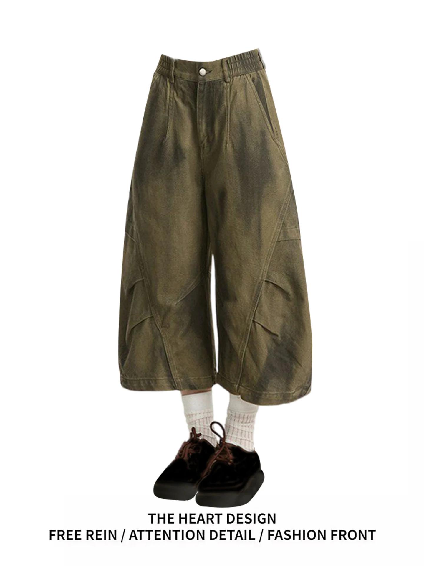 

Retro American Distred Workwear orts Women Summer New Loose Straight Wide Leg Pleated Seven-Foot Jeans Casual High Waist