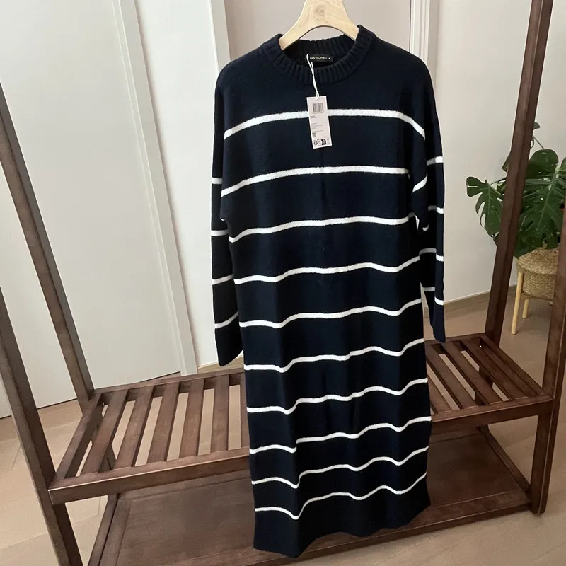 

Black Striped round Neck Long Sleeve Women's Knitted Dress Loose Fitting Versatile Slimming Midi Dress Commute Style Moisture...