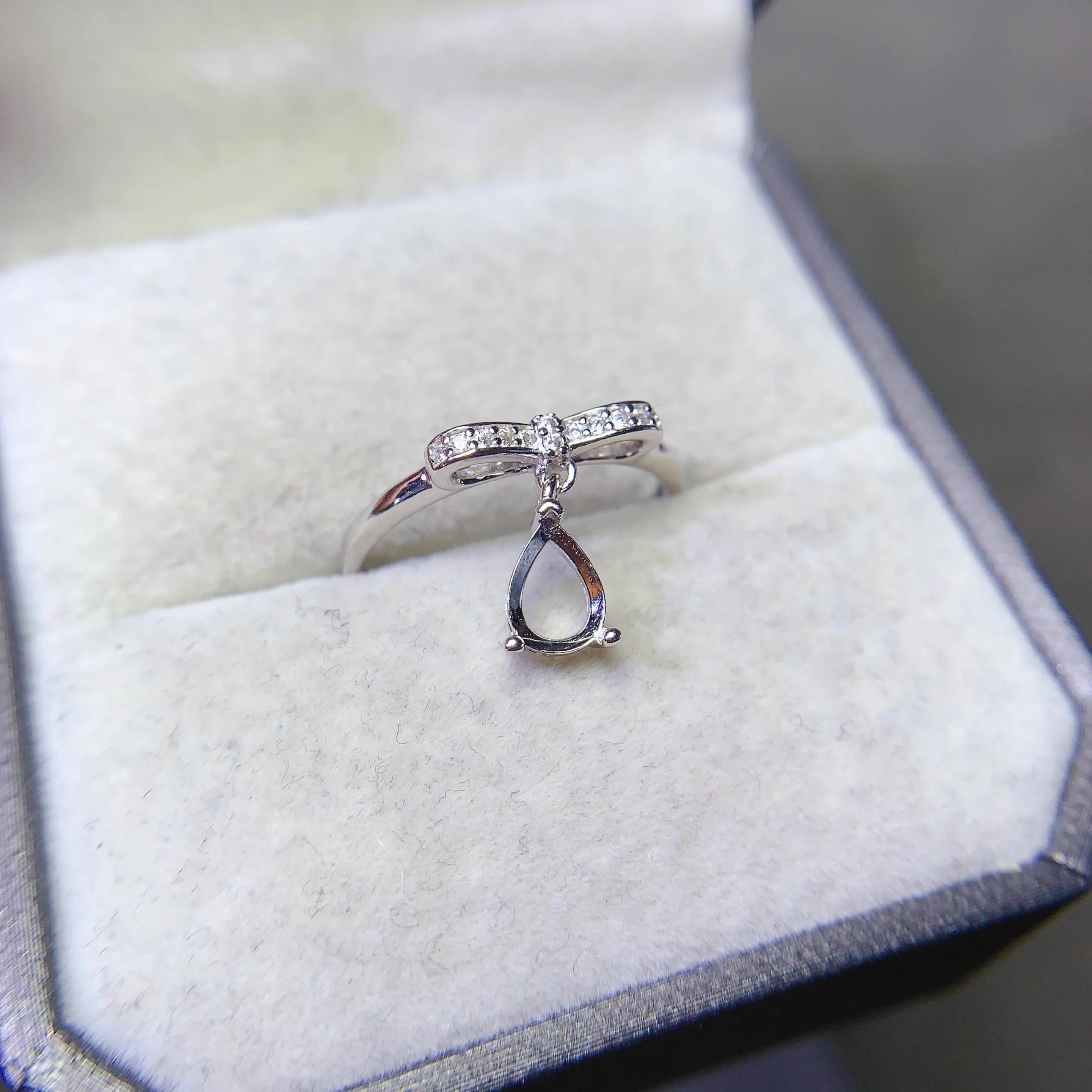 L 5*7mm Waterdrop Shaped Stone Settings S925 Sterling Silver DIY Bow Ring Fine Weddings Design Charm Luxury Zircon for Woman