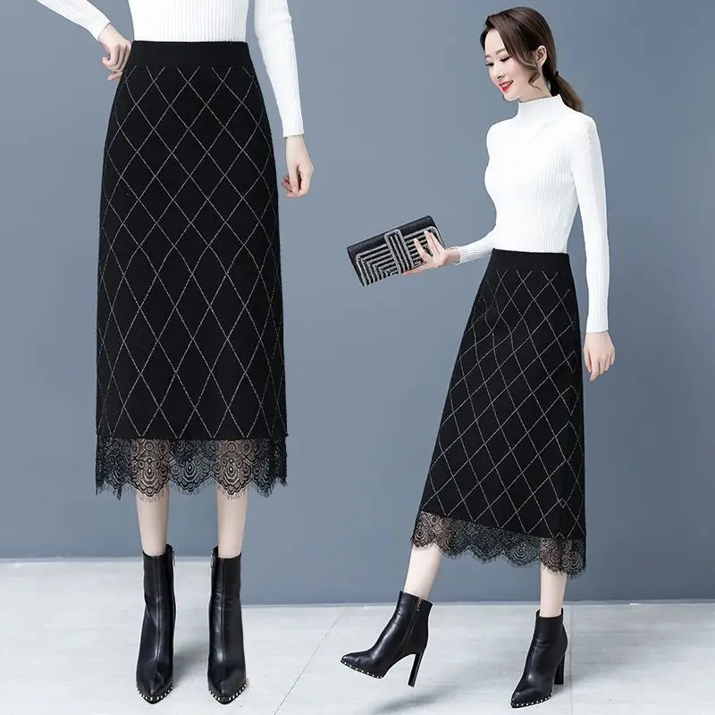 ニットチェック柄スカート レディース 秋冬新作 ミドル丈 ハイウエスト Aラインスカート レース 上品 ヒップカバー スカート