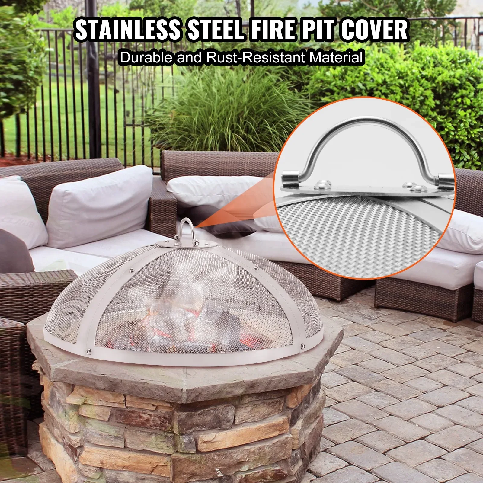 

20" Round Fire Pit Spark Screen Cover Lid Stainless Steel Wood Burning