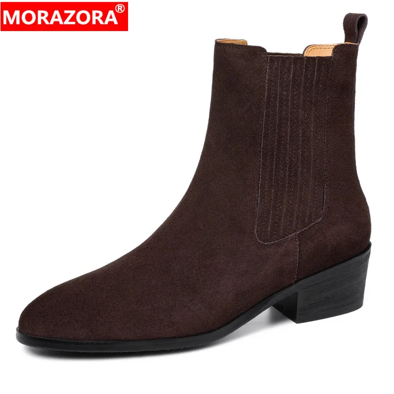 MORAZORA Large Size 34-43 Cow Suede Leather Western Boots Women Square Mid Heels Autumn Winter Ankle Boots Retro Ladies SHoes