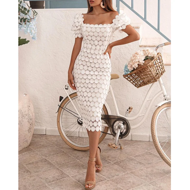 2023 New Fashion Lace Floral Temperament Skirt Solid Chest Wrapped Mid Length Summer Beach Dress Slash Neck Office Lady Slim