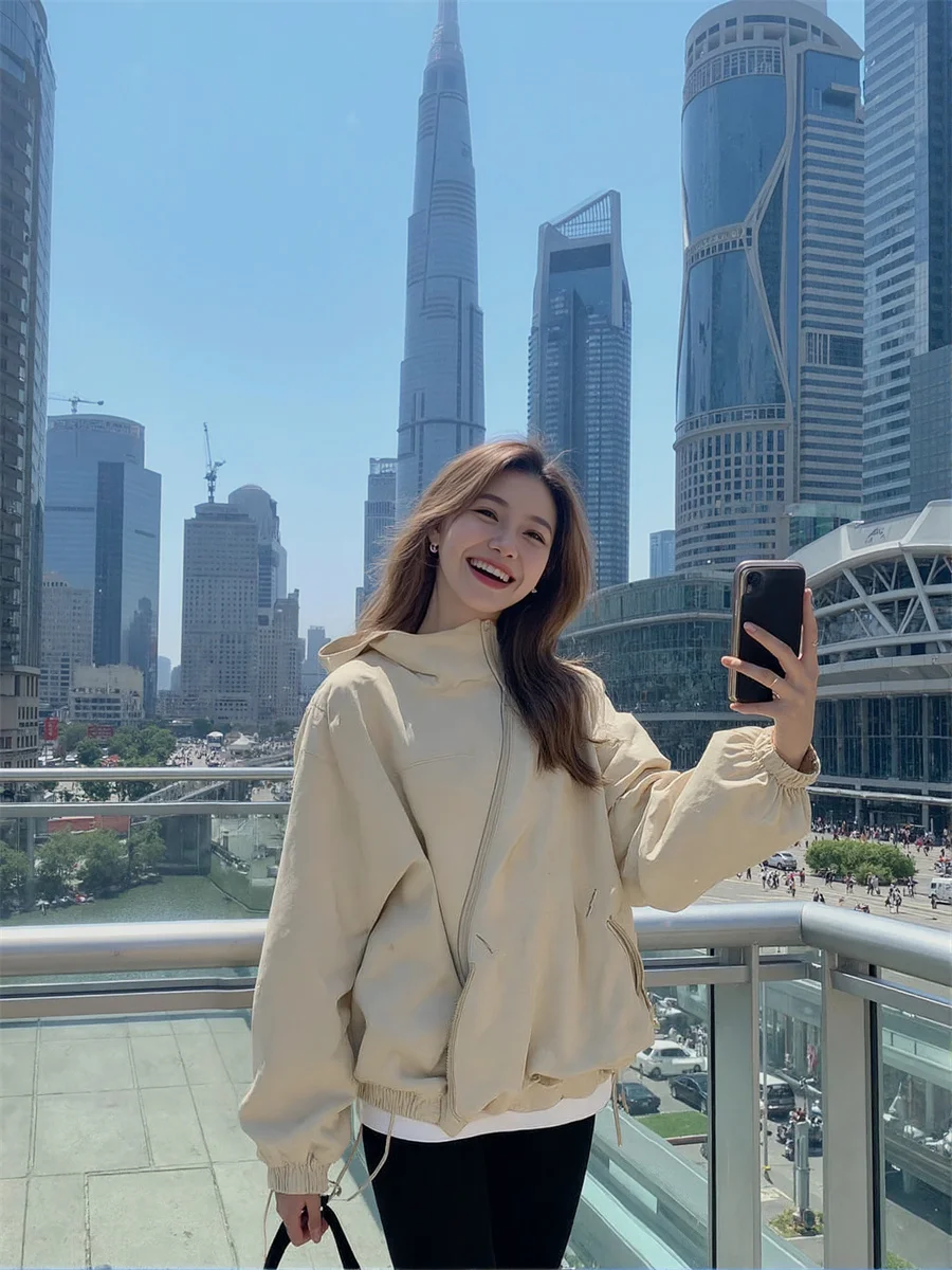 

Hooded Zipper Loose Jackets Aesthetic Top Women Spring Soft Zippers Motorcycles Hottie Leisure Leather Simple Aviation Irregular