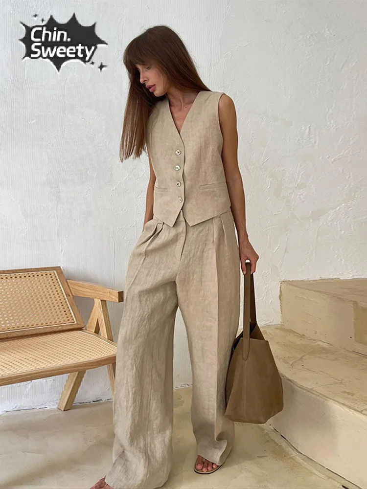 

Elegant Solid Sleeveless Vest Pants Suit Women Chic V Neck Single Breasted Crop Tops Loose Trousers Set Fashion Ladies Outfits