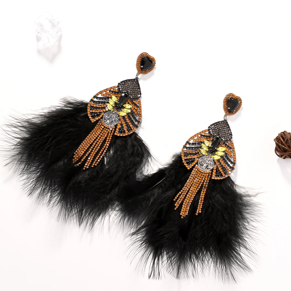 Exaggerated Black Feather Earrings for Drag Queen Statement Accessories Fashion Design Large Rhinestone Dangle Earrings Party