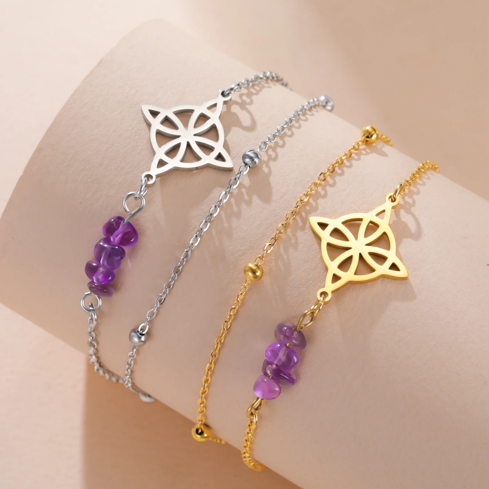 Skyrim Purple Crystal Witch Knot Charm Bracelet Women Stainless Steel Double Layer Beads Chain Amulet Witchcraft Jewelry Gift view 4