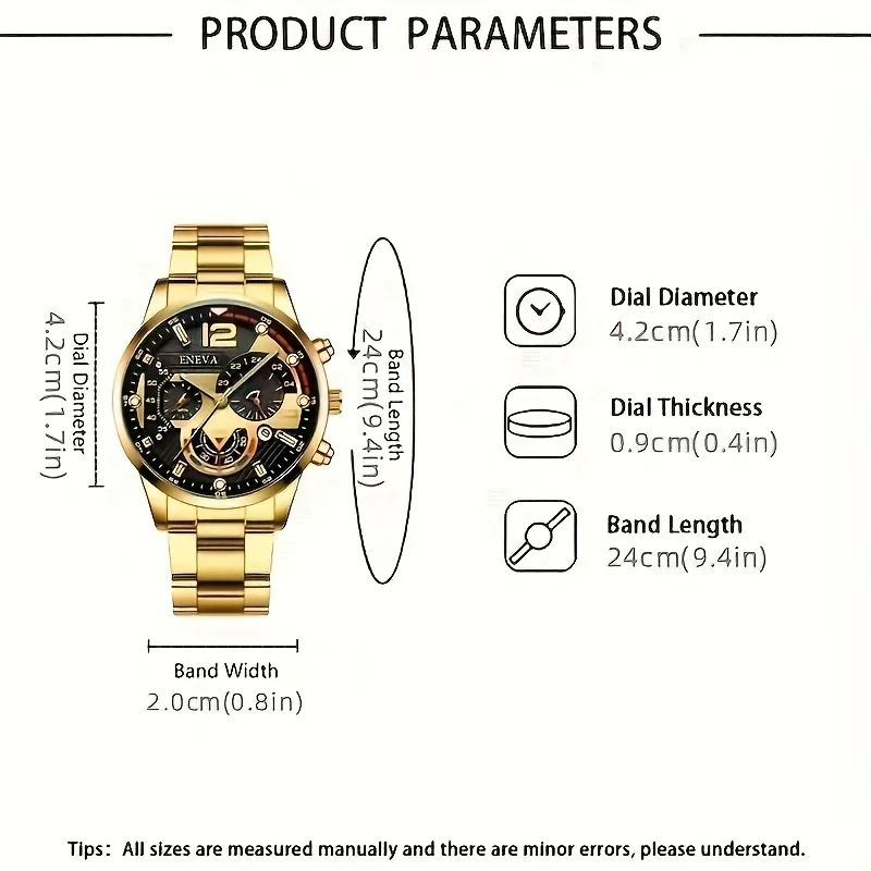 4-piece set of fashionable and personalized men's business calendar watch, gold necklace, bracelet, ring,