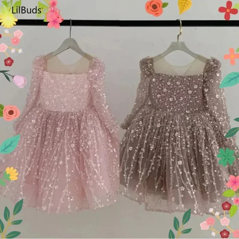 

2025 Children Birthday Evening Party Matching Princess Ball Gown Long Sleeve Formal Dresses Kids Girls Elegant Shinny Sequin