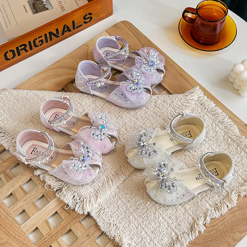 Girls Rhinestone Glitter Mesh Pearl Decor Bow Princess Sandals Kid Adjustable Buckle Strap Non-slip Soft Sole Summer Party Shoes