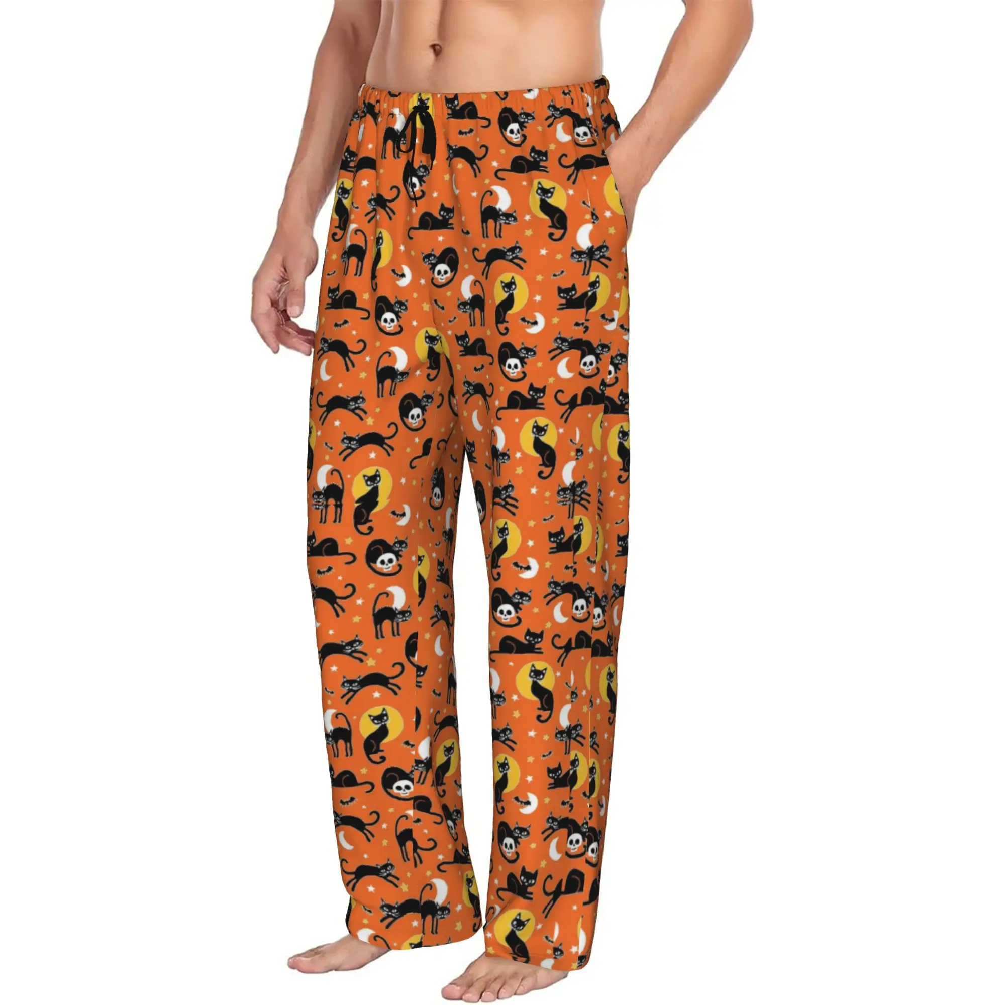 Custom Printed Men Halloween Pattern Bats Cats Boo Pajama Pants  Sleepwear Sleep Lounge Bottoms with Pockets