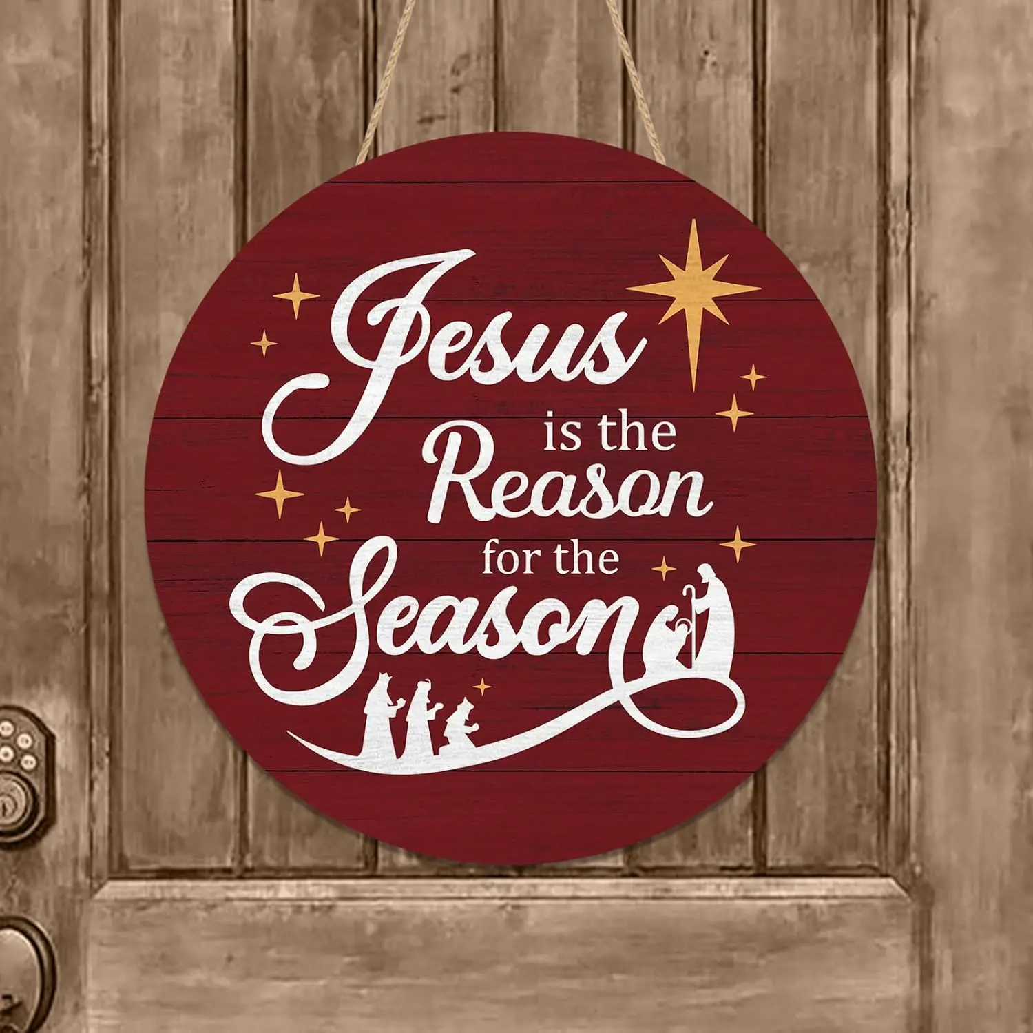 Christmas Door Sign Jesus Is the Reason for the Season Wood Door Hanger Outdoor Outside Porch Decor Winter Farmhouse