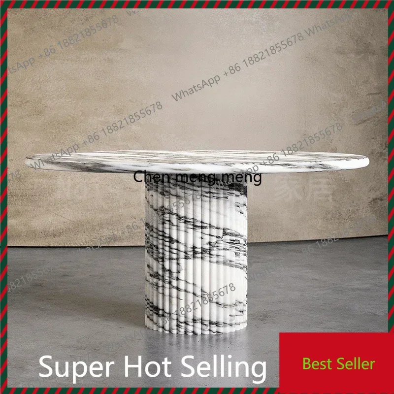 

ZZNatural marble dining table round table big white, villa hotel restaurant round cream style dining table