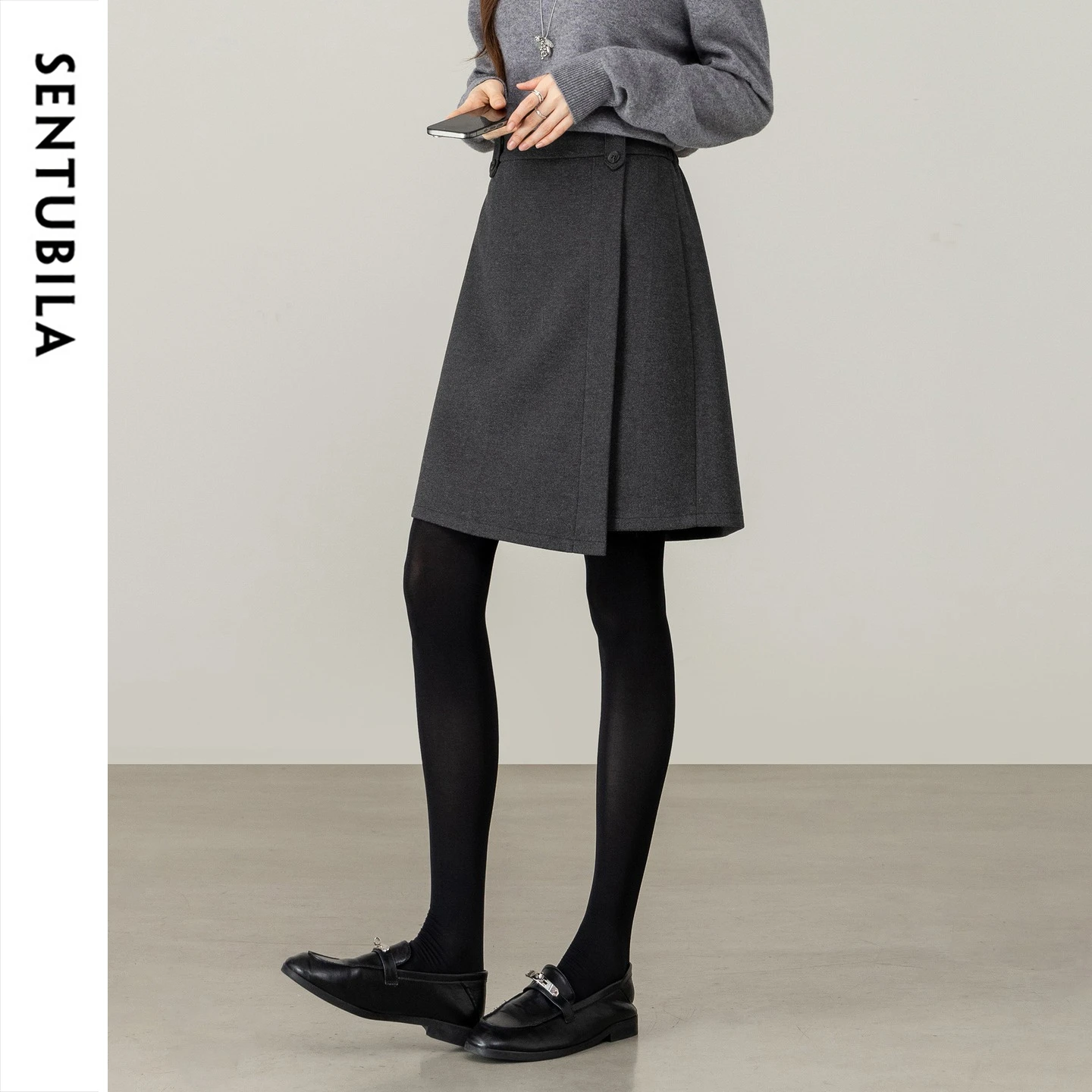 SENTUBILA High Waist A‑Line Skirts for Women 2026 Winter Irregular Hem Mini Skirt Double‑Button Slim Versatile Skirt 164QE8061