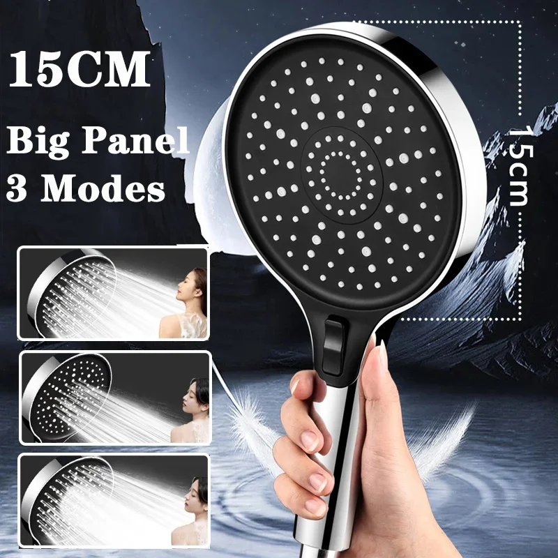 3 Modes High Pressure Large Flow Shower Head Black 15CM Big Panel Water Saving Spray Nozzle Rainfall Shower Bathroom Accessories