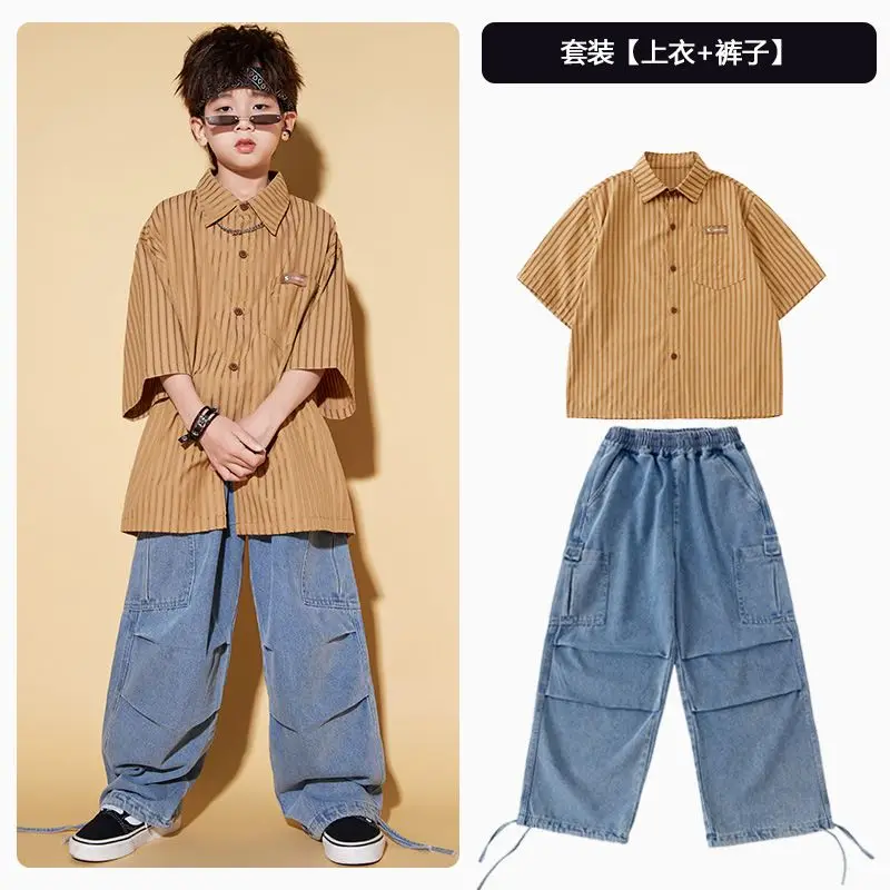 Kids Hip Hip Dance Costumes Stripe Shirt Loose Pants Suit For Boys Jazz Dance Rave Clothes Girls Performance Clothing