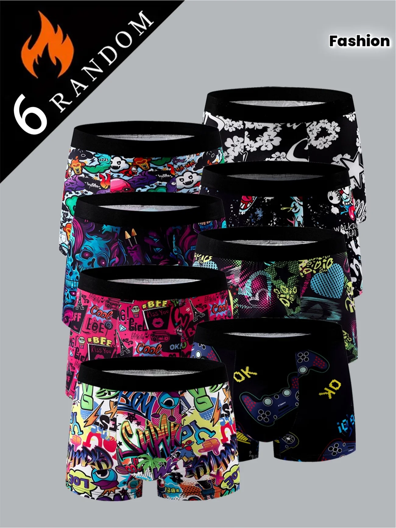 6 Piece Random Graffiti Printed Men's Personalized Boxer Shorts, Sports and Comfortable Underwear, Men's Casual Underwear