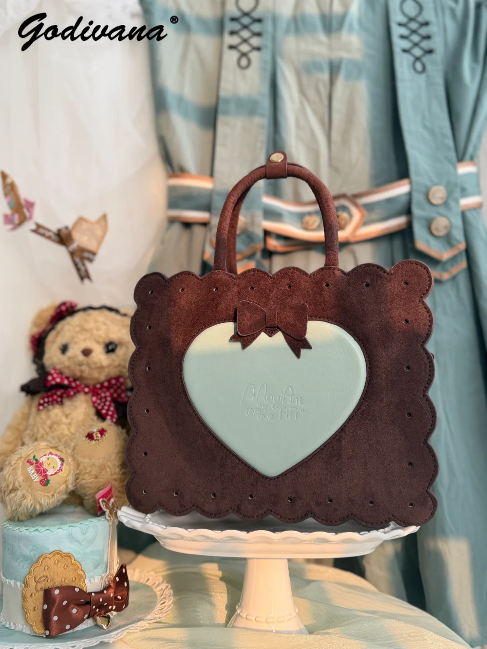 Lolita Sweet Chocolate Biscuit Pain Bag Daily Original Design Love Shape Portable Totes Suede Handbags