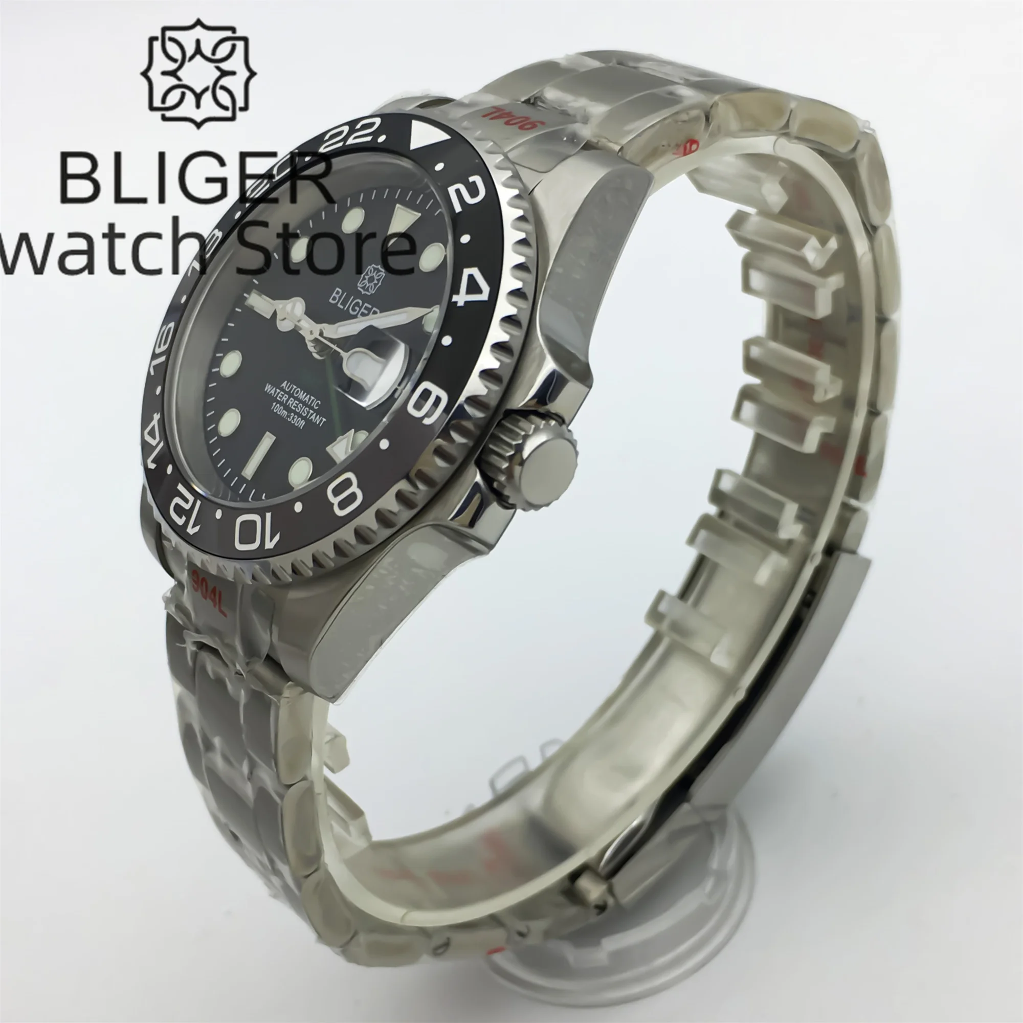 BLIGER 40mm GMT Watch For Men Black-gray Ceramic bezel Sapphire Glass Green GMT Text Green GMT Hand NH34 GMT Mechanical Watch