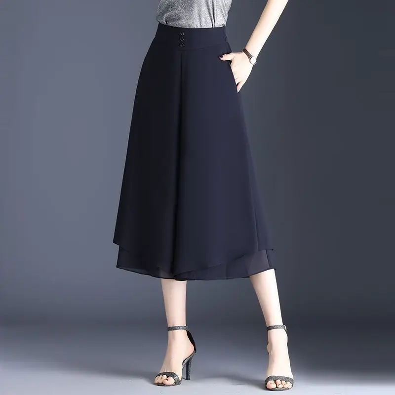 Summer New Chiffon Thin Loose Simplicity Cropped Pants Solid High Waist All-match Wide Leg Pants Fashion Casual Women Clothing