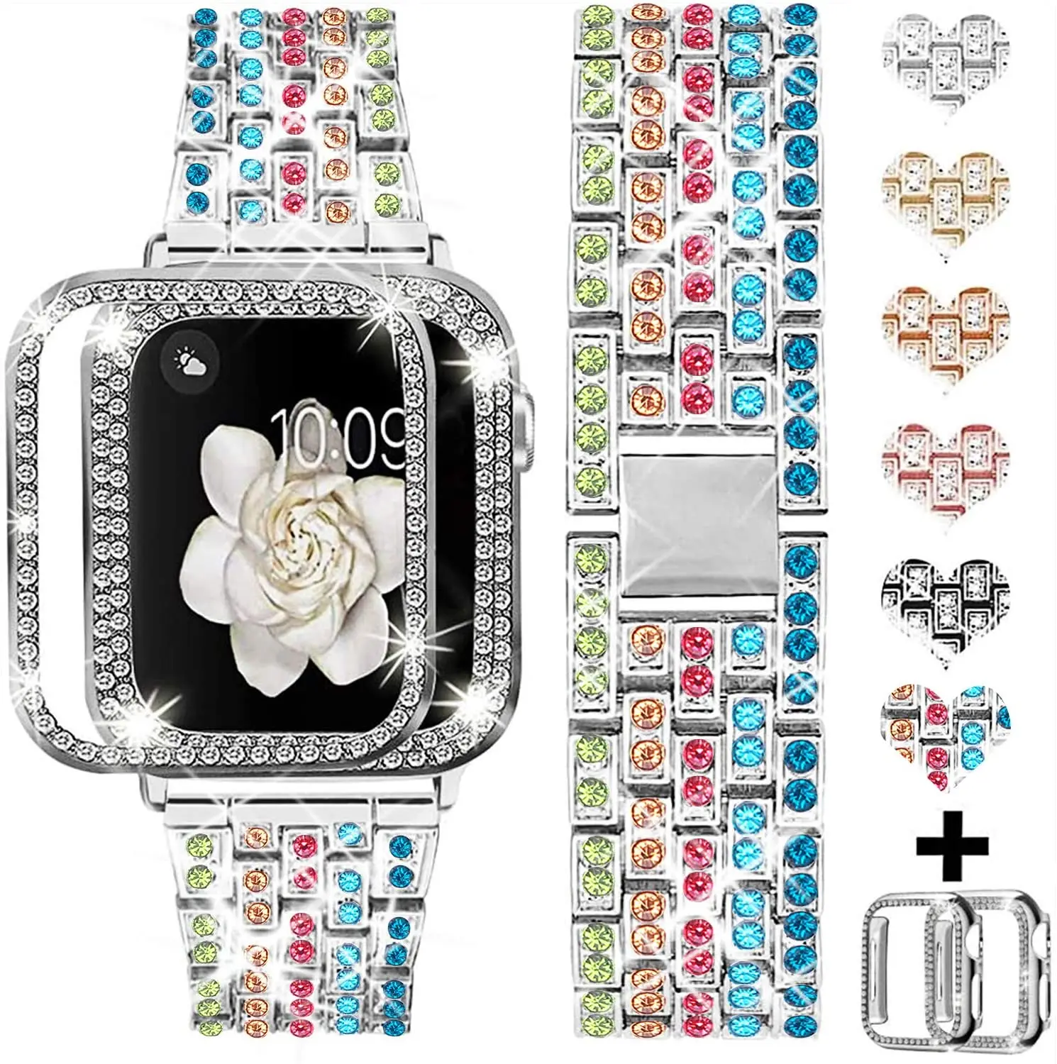 

Metal＋Diamond Strap With Case For Apple Watch 8 7 45mm 41mm 44mm 42mm 40mm 38mm Ladies stainless steel bracelet iWatch 6 5 4 SE