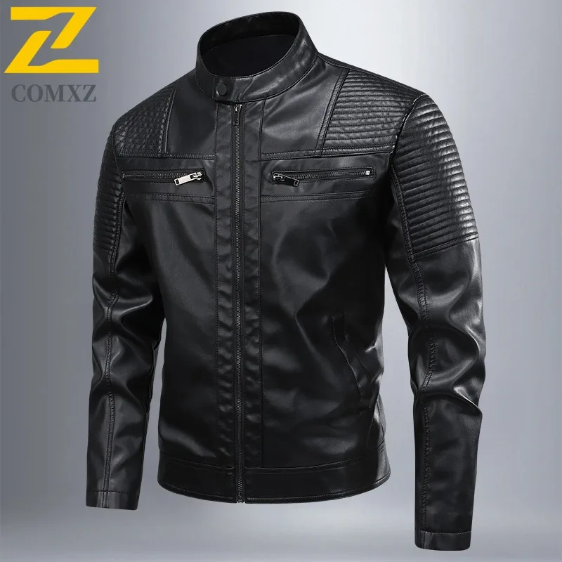 

COMXZ Mens PU Leather Jacket Stand Collar American Fashion Windproof Motorcycle Jackets Solid Color Travel Durable Autumn Coats