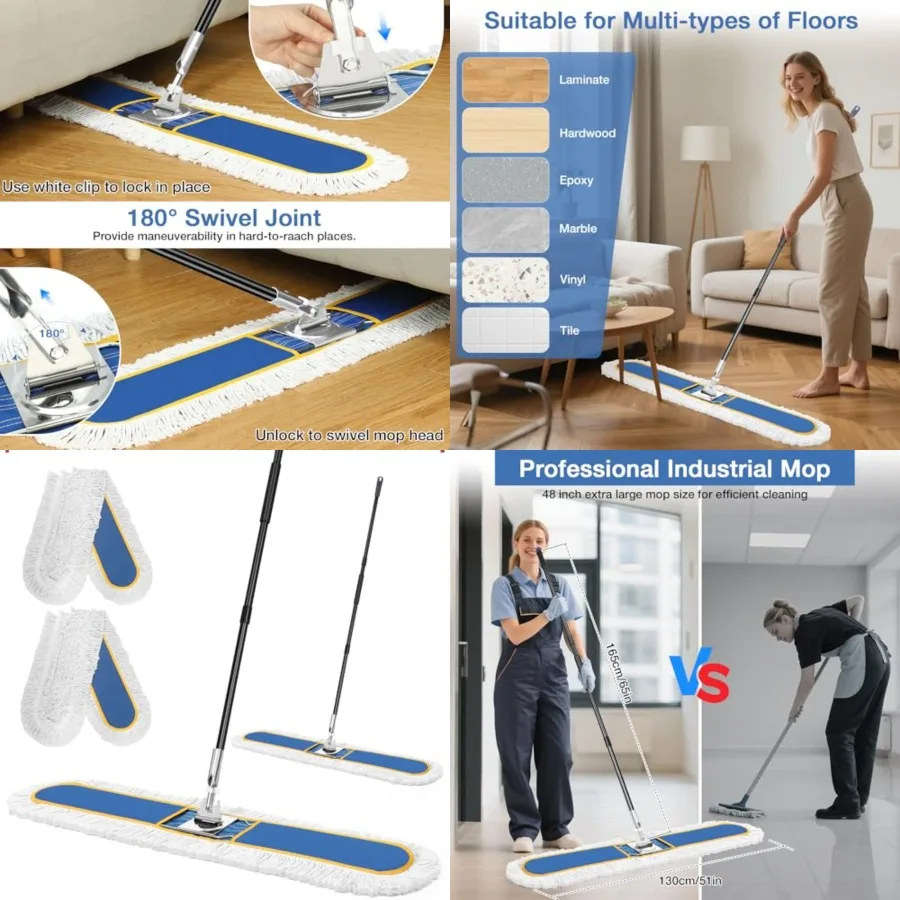 

48 Commercial dustrial Dust Mop for Floor Cleang, Large Floor Dust Broom with Washable Mops Pads, Wet Dry Duster Mops for Hardw