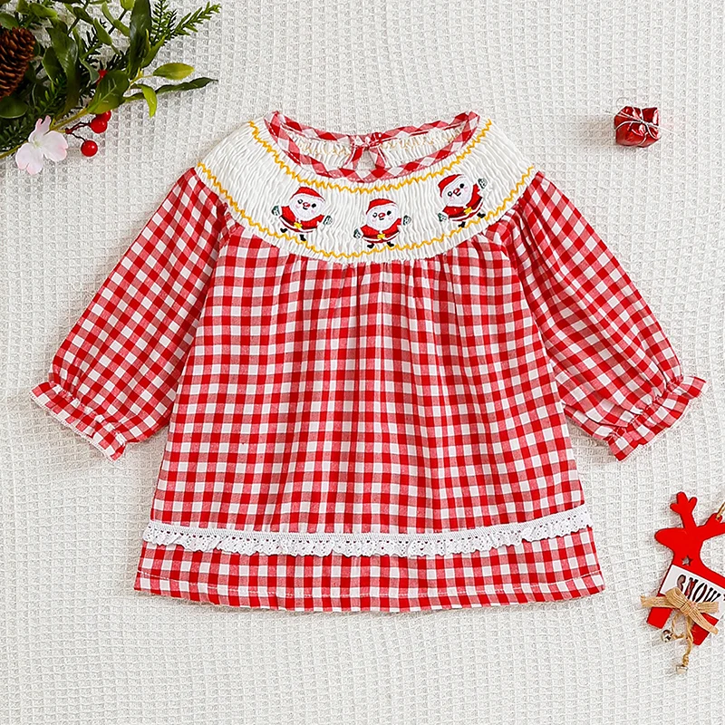 Camisas de manga larga para niñas pequeñas, ropa de Navidad, blusas de cuello redondo con bordado de Papá Noel a cuadros, Tops casuales de otoño