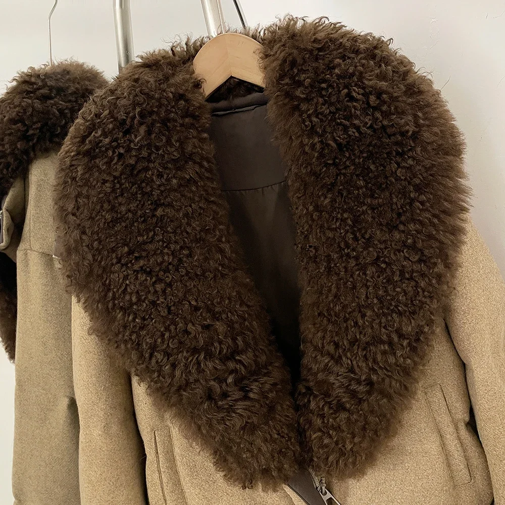 OFTBUY Damen-Woll-Daunenjacke mit Reißverschluss und echtem Pelzbesatz, kurze Daunenjacke mit echtem Lammfellkragen und abnehmbaren Handschuhen – Detail 17