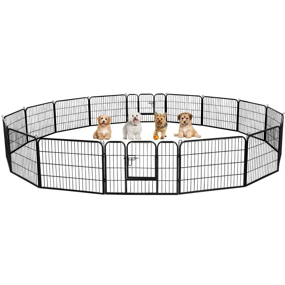 16-Panel Black Dog Playpen Exercise Yard Heavy Duty Metal Detachable Configurable Outdoor Indoor Folding Kennel Kit with Anchor