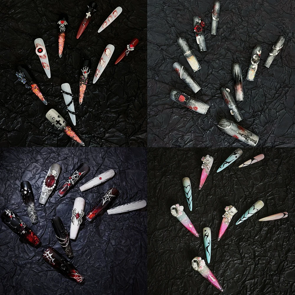 

Dark Spice Girl Style Handmade Long Coffin Stilettos Press On Nails Spider Rose Rhinestone Magic Mirror Powder False Nails