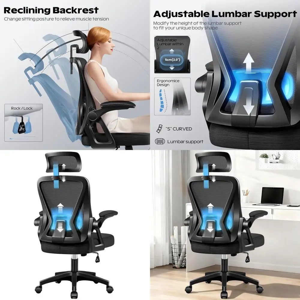 

High Back Ergonomic Swivel Chair with Headrest, Lumbar Support, and Flip-up Armrests for Home Office Desk