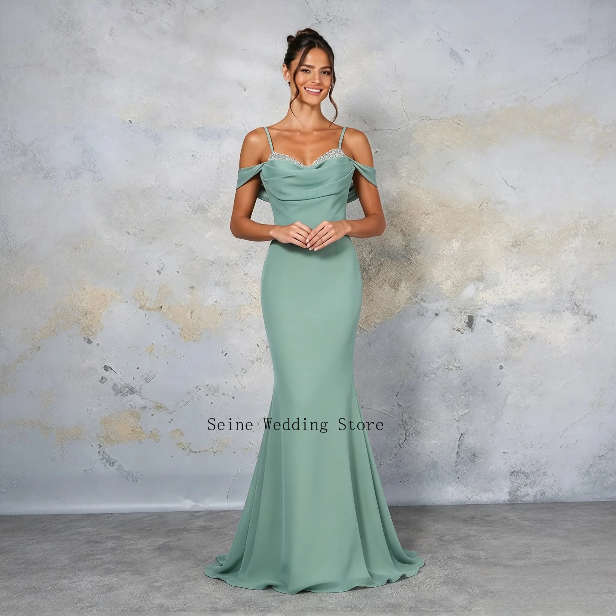 Customized Mermaid Chiffon Mother of The Bride Dress Crystal Spaghetti Strap Off Shoulder Formal Wedding Party Gown Prom Dresses