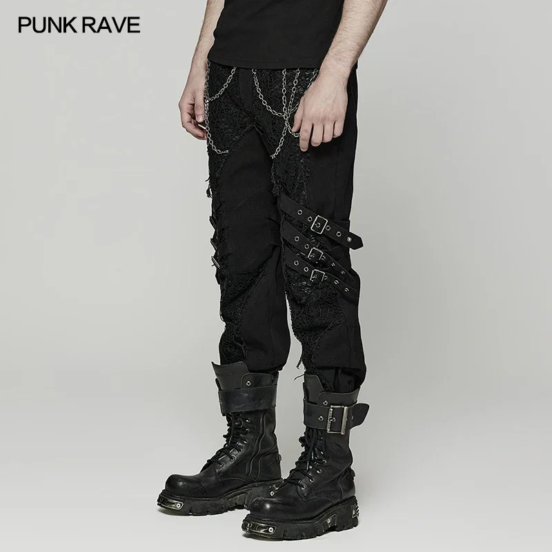 PUNK RAVE Men\'s Punk Visual Segmentation Design Splicing Pants  Detachable Adjustable Loops Men Trousers