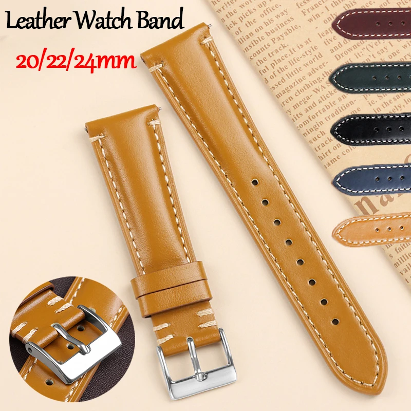 20mm 22mm 24mm Cowhide Leather Band for Seiko Quick Release Straps Retro Calfskin Wristband Soft Bracelet Universal Watchbands