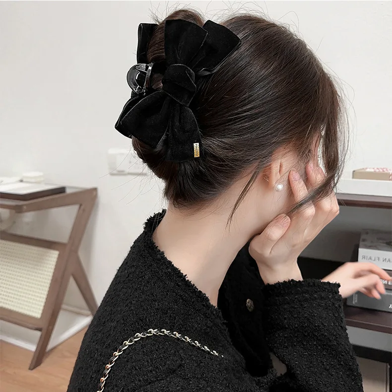 Black Velvet 13 cm Bow Hair Claw Clip Shark Clip for Women Back Head Updo Daily Fall Winter Comfortable Sturdy