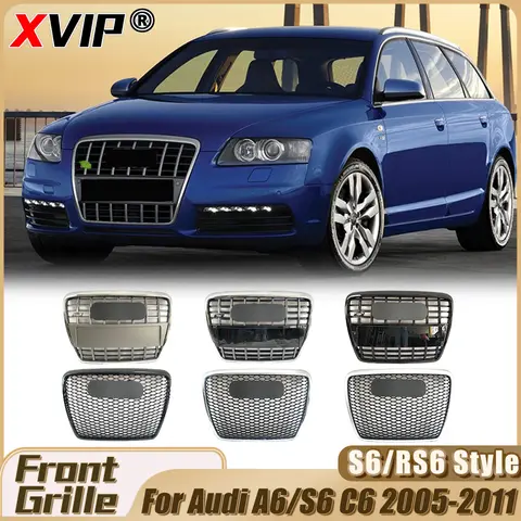 XVIP Chrome S6 Style Front Bumper Grille With Chrome Ring For Audi A6/S6 C6 2005-2011 Silver Frame RS6 Style Racing Grille Grill