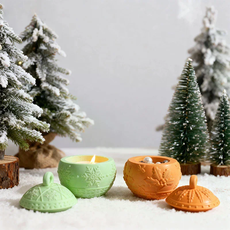 Christmas Ornaments Round Candle Jar Silicone Mold DIY Handmade Relief Snows Berry Ball Plaster Resin Storage Box Craft Molds