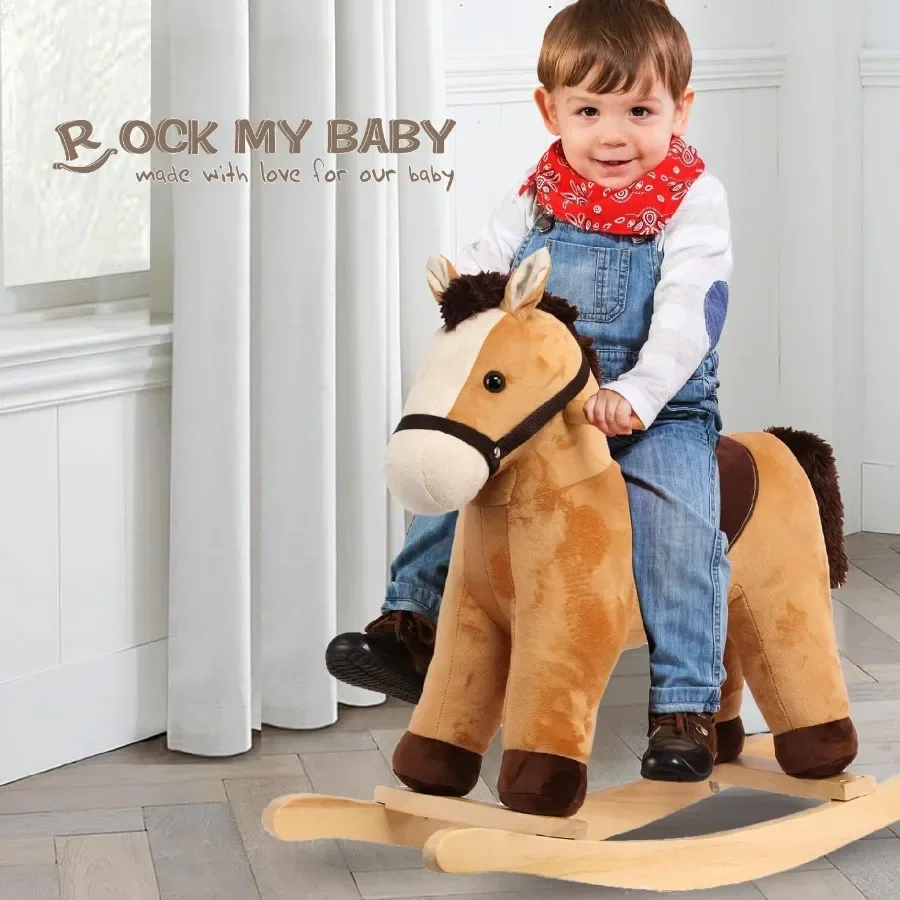 Rocking Horse Rocking Animal with Realistic Sound Stuffed Rocker for Toddlers 18M+ Soft Filling Ride on Pony Light Brown Horse