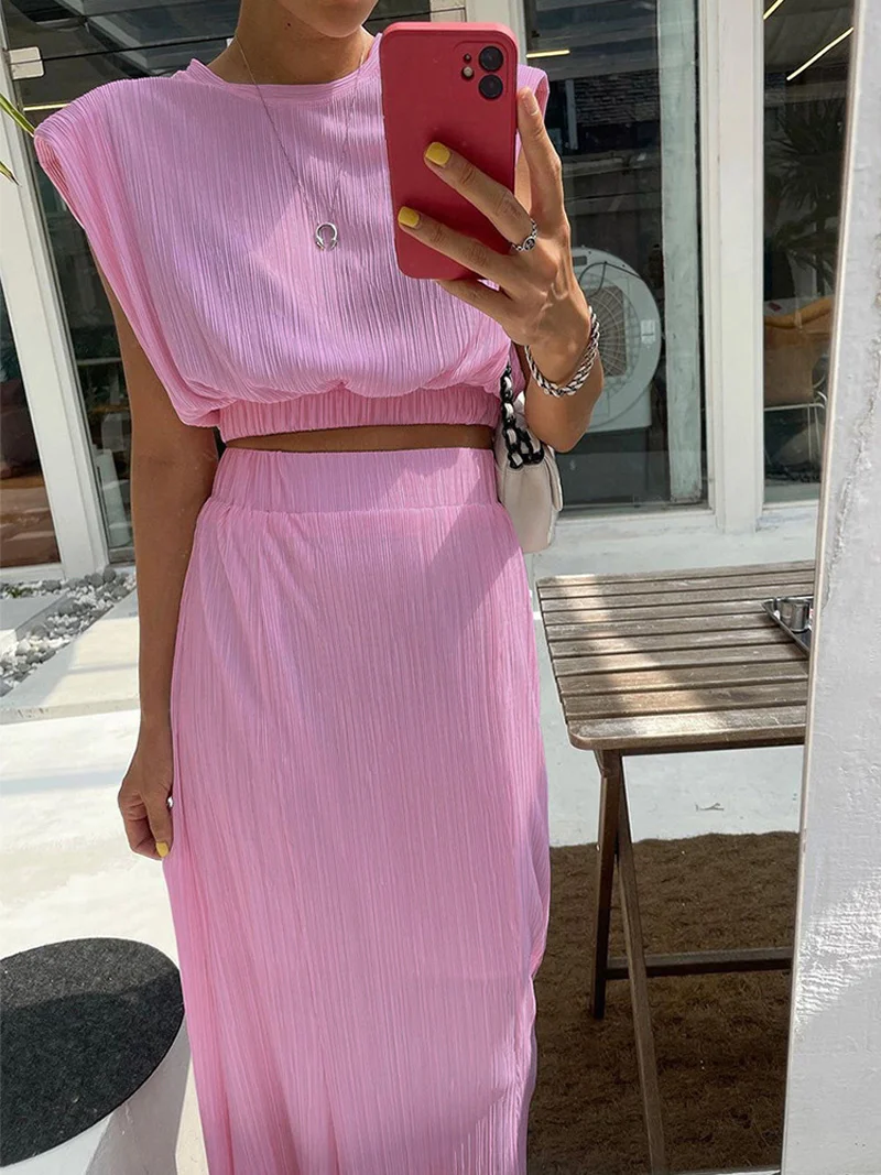 2023 wiosna lato kobiety solidne eleganckie długa spódnica zestaw stroje koszulka typu Crop top 2 dwuczęściowe pasujący zestaw kobiet