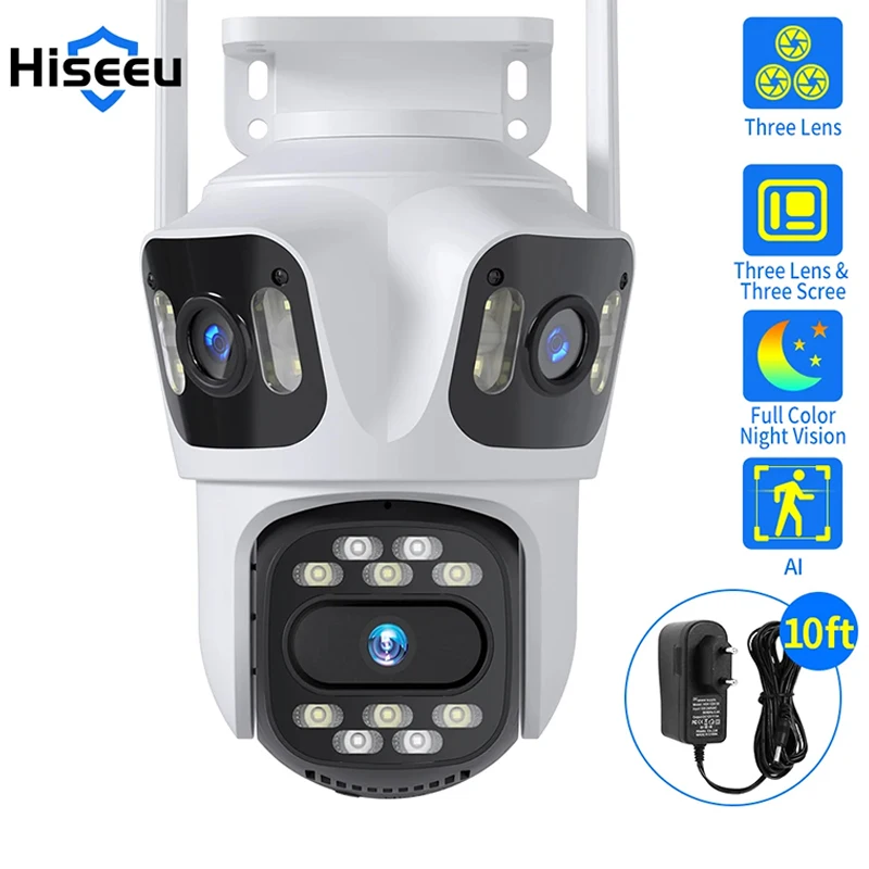 Hiseeu WSA18 4K WiFi PTZ Camera Three Lens Three Screen Outdoor IP Camera 5X Zoom Auto Tracking 2-Way Audio Video Surveillance C