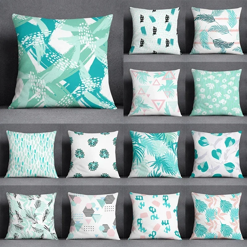 Abstract Summer Fresh Mint Feather Cushion Cover, Blue and Green Series Pattern, Pillowcase for Sofa and Car Seat, 45cm x 45cm